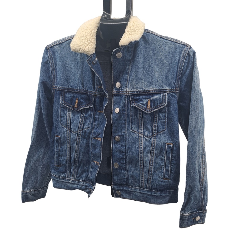 Unveil Blue Denim Sherpa Collar Trucker Jacket XS Boho Casual Western